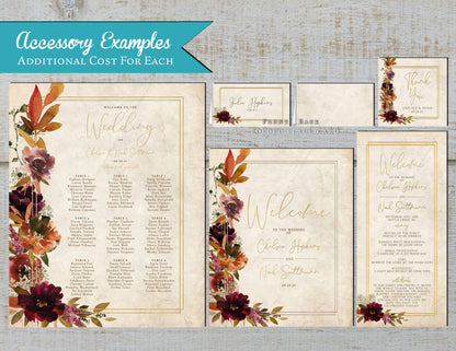 Burgundy, Burnt Orange, Terracotta Florals on Faux Parchment Fall Wedding Invitation, Set, or Suite