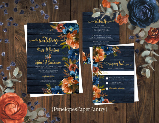 Rustic Navy Floral Fall Wedding Invitation – Barn Wood, Turquoise & Burnt Orange – Personalized Shimmery Gold Printed Invite with Envelopes