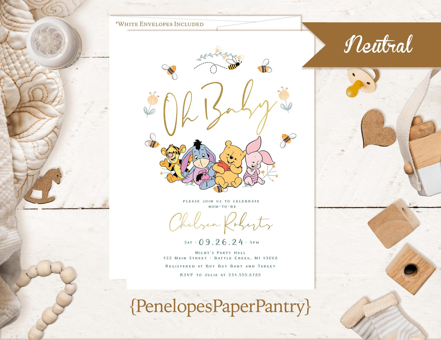 Winnie the Pooh Baby Shower Invitation – Gender Neutral Personalized Printed Invite with Baby Pooh Bear & Bees – Gold Foil Details & Envelope Included by Penelope’s Paper Pantry