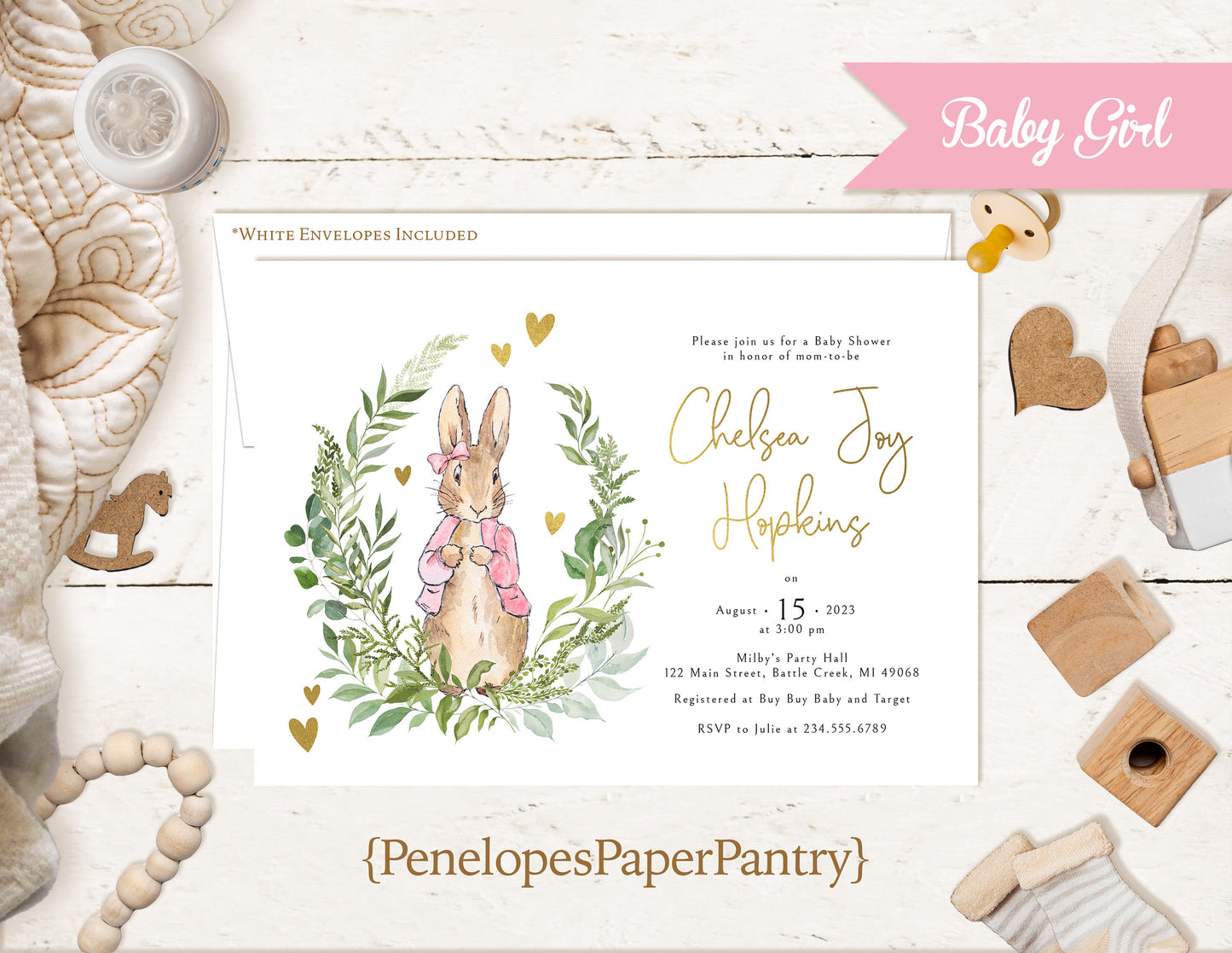 Flopsy Rabbit Baby Girl Shower Invitation – Personalized Peter Rabbit Design with Gold Foil Hearts & Calligraphy – Printed Invite with Envelope by Penelope’s Paper Pantry