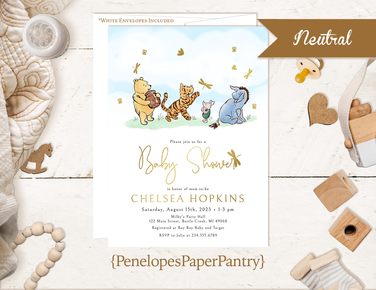 Classic Winnie the Pooh Gender Neutral Baby Shower Invitation – Personalized with Piglet, Tigger, Eeyore & Dragonfly – Gold Foil Printed Invite with Envelopes by Penelope’s Paper Pantry