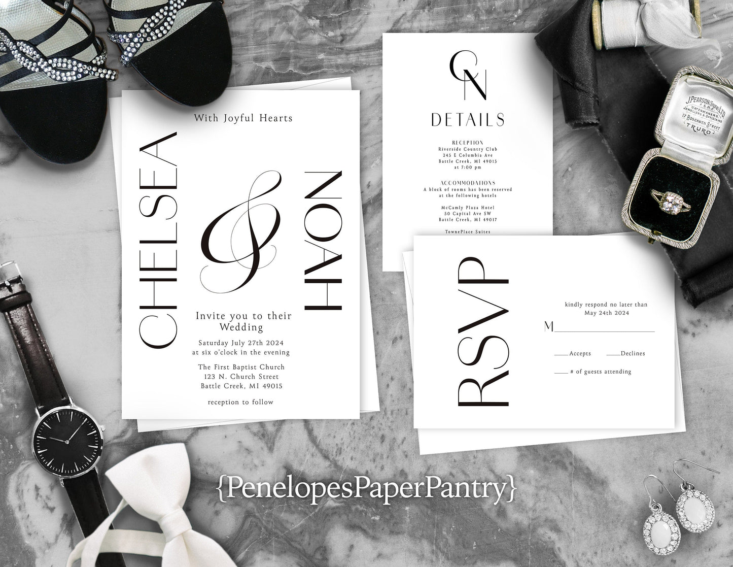 Black and White Modern Type on White Paper Traditional Wedding Invitation, Sets, or Suite