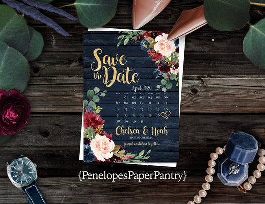 Navy, Blush, and Burgundy Florals with Calendar and Blue Wood Background Save the Date