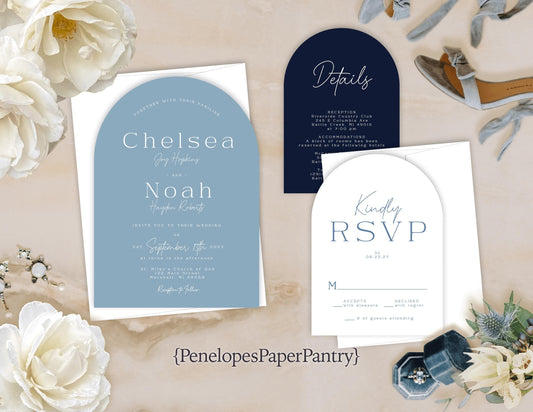 Die Cut Arch Dusty Blue, Navy, White Summer Wedding Invitation, Set, or Suite