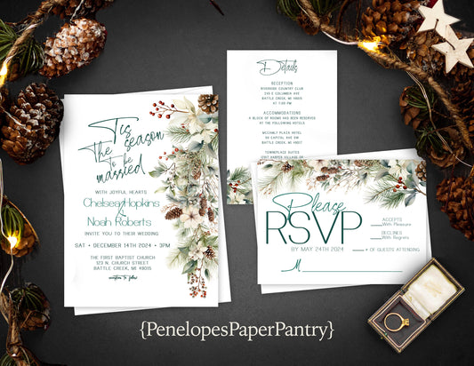 Mistletoe Florals on White Background Winter Wedding Invitation, Set, or Suite