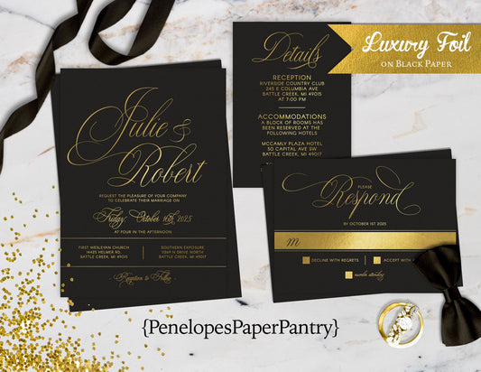 Luxury Gold Foil on Black Paper Traditional Wedding Invitation, Sets, or Suite