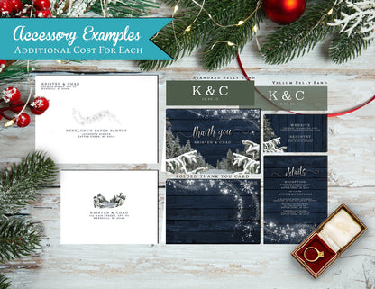 Rustic Winter Wedding Invitation – Snow, Evergreen Trees, Snowflakes, Navy Barn Wood, Shimmery Custom Printed with Envelopes Included