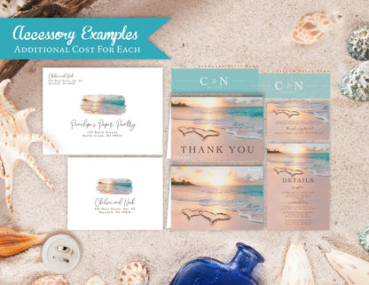 Hearts in the Sand Beach Scene Wedding Invitation, Set, or Suite