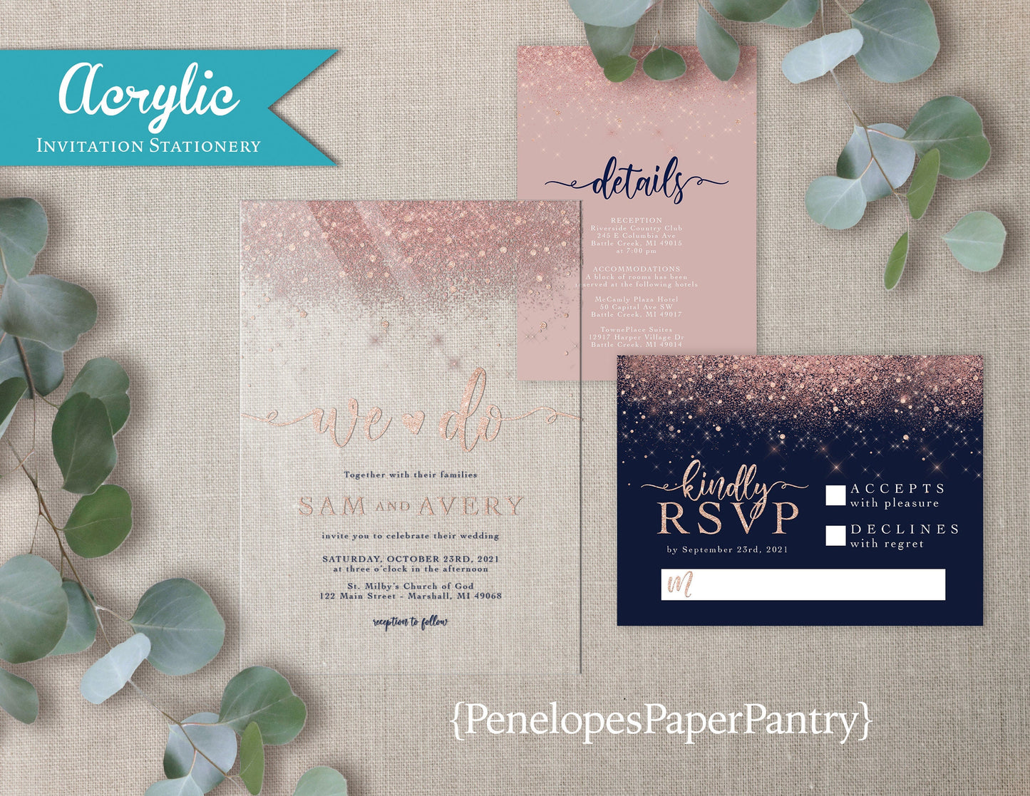 Acrylic Pink Faux Glitter with Navy Background Wedding Invitation, Set, or Suite