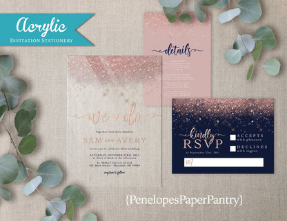 Acrylic Pink Faux Glitter with Navy Background Wedding Invitation, Set, or Suite