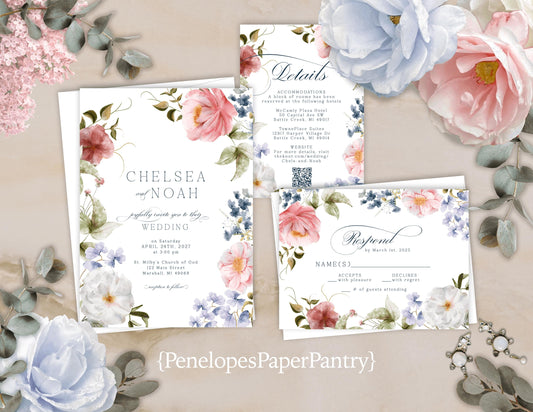 Pink and Blue Pastel Rose Florals on White Background Summer Wedding Invitation, Set, or Suite