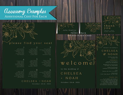 Gold Floral Line Art on Green Background Fall Wedding Invitation, Set, or Suite