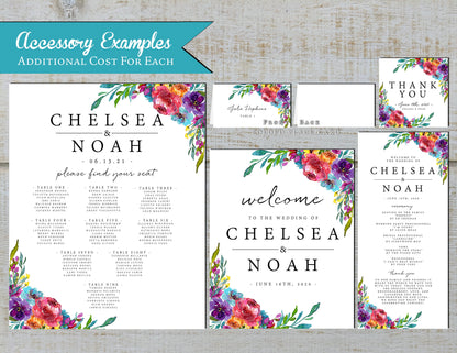 Elegant Bright Floral Summer Wedding Invitation,Bright Floral Summer Wedding Invite,Vibrant Colors,Pink,Aqua,Purple,Shimmery Invitation