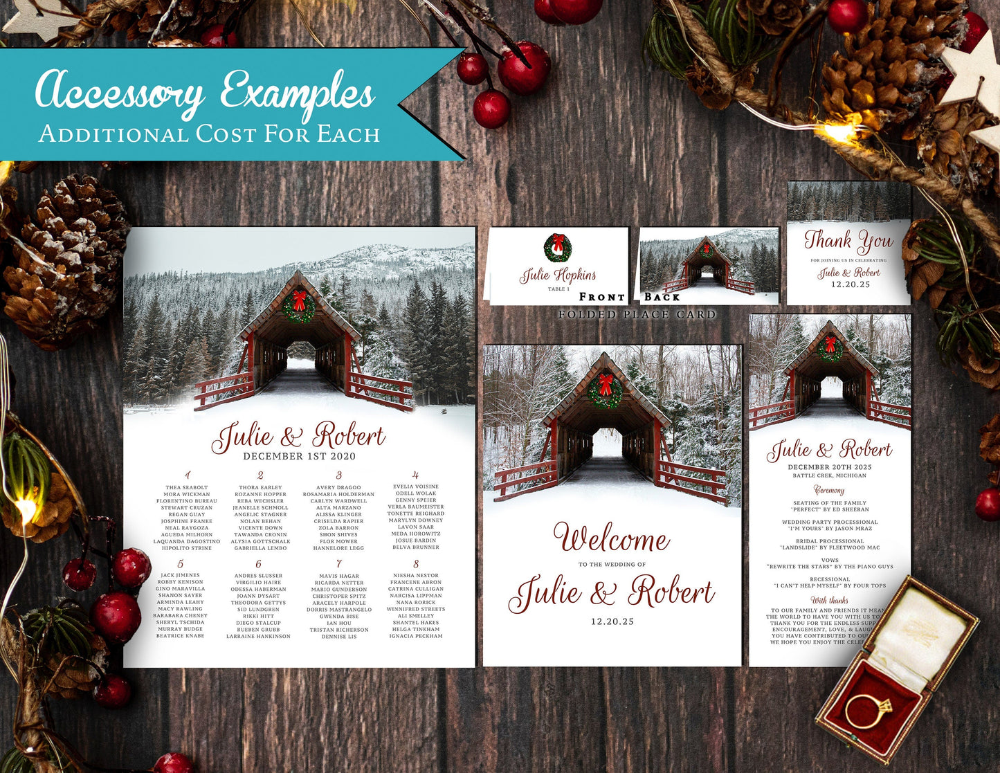 Rustic Covered Bridge Winter Wedding Invitation – Red Barn Wood, Holiday Wreath, Snow, Custom Printed with Envelopes Included