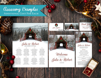 Rustic Covered Bridge Winter Wedding Invitation – Red Barn Wood, Holiday Wreath, Snow, Custom Printed with Envelopes Included