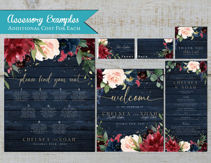 Rustic Navy Floral Fall Wedding Invitation – Burgundy Marsala Blush & Gold – Personalized Barn Wood Shimmery Printed Invite with Envelopes