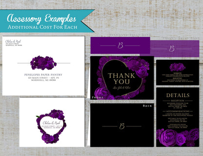 Purple Floral Heart Wreath with Black Background Rose Wedding Invitation, Set, or Suite