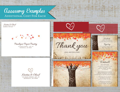 Oak Tree with Orange Leave on Faux Parchment Background Fall Wedding Invitation, Set, or Suite