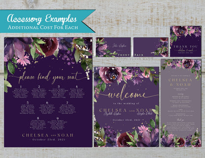 Elegant Purple Floral Fall Wedding Invitation – Dusty Plum & Gold – Personalized Shimmery Printed Invite with Envelopes