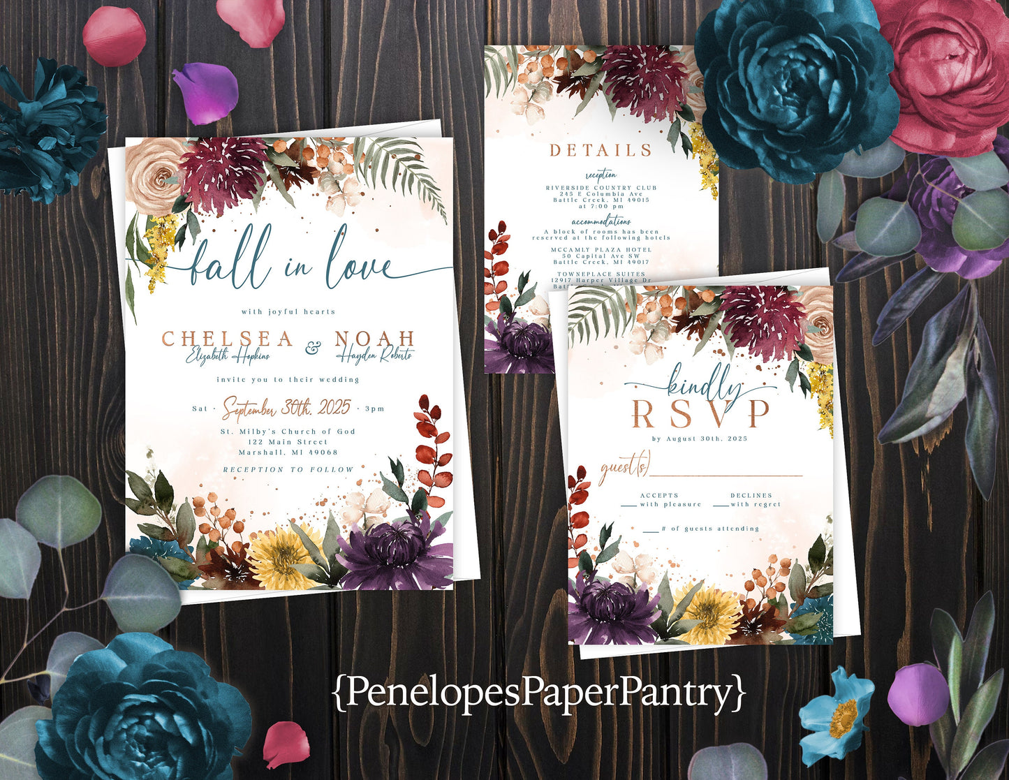 Jewel Tone Florals on White Background Fall Wedding Invitation, Set, or Suite