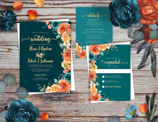 Teal and Orange Florals on Dark Teal Hues Fall Wedding Invitation, Set, or Suite