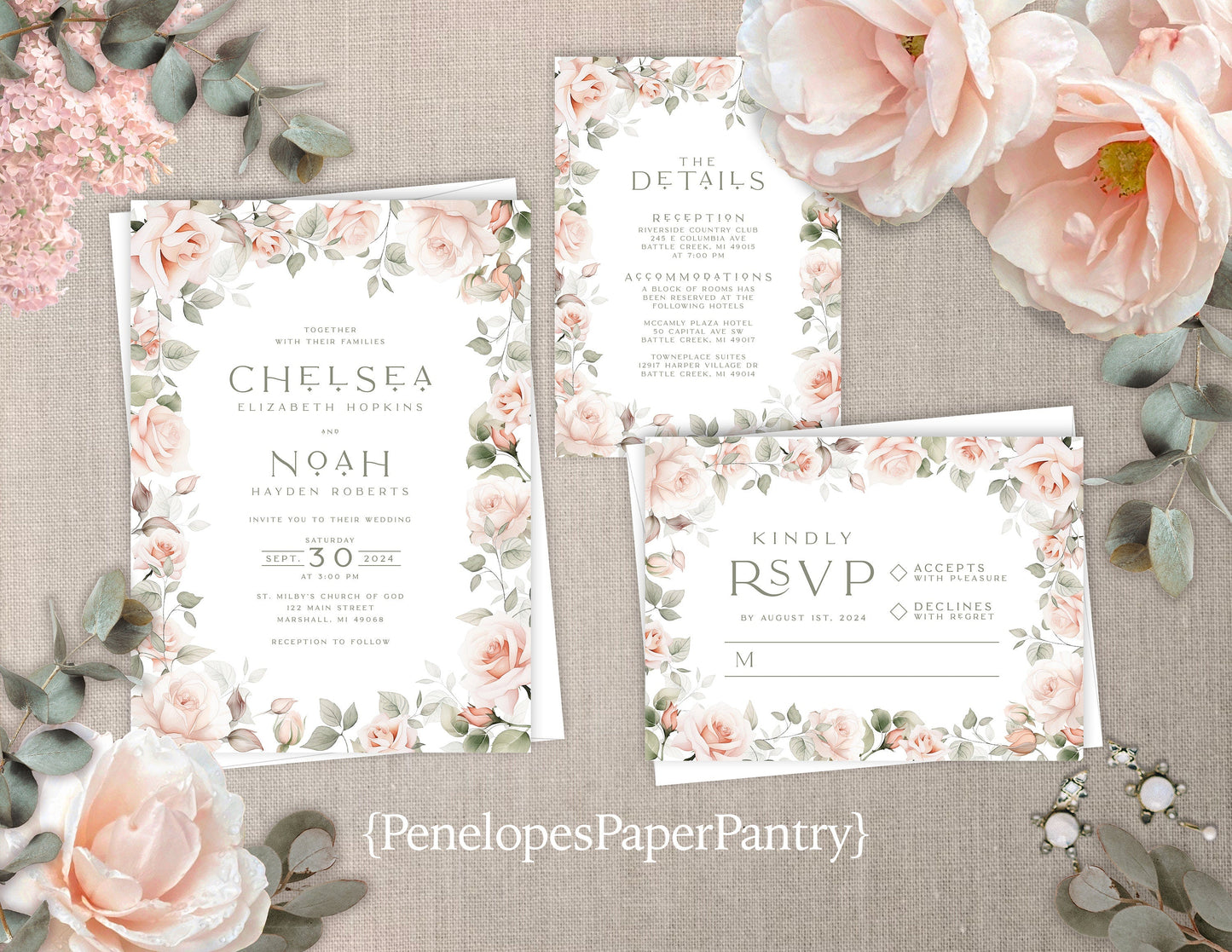 Dusty Rose Floral with White Background Summer Wedding Invitation, Set, or Suite