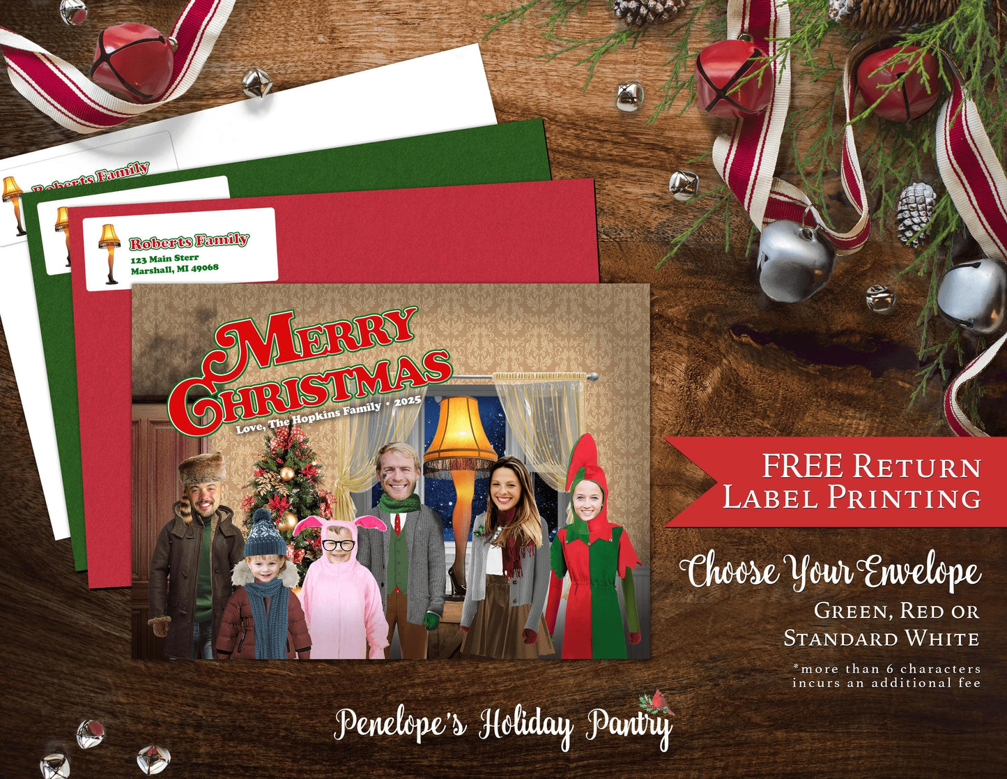 Funny A Christmas Story Family Photo Card | Personalized Ralphie Pink Bunny Pajamas & Leg Lamp