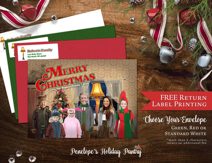 Funny A Christmas Story Family Photo Card | Personalized Ralphie Pink Bunny Pajamas & Leg Lamp