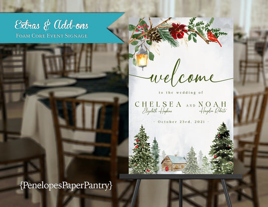 Winter Red and Green Florals with Snow Pine Forest Cabin Wedding Foam Core Event Welcome Sign