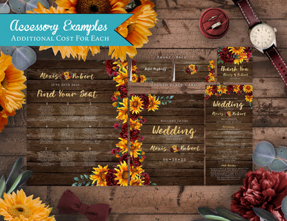 Sunflower and Burgundy Florals on Wood Background Fall Wedding Invitation, Set, or Suite