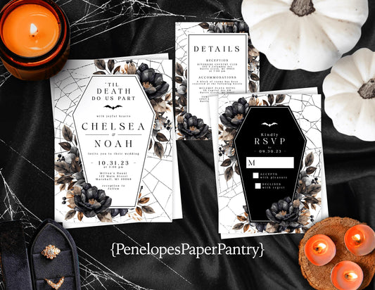 Elegant Gothic Halloween Wedding Invitation – Casket, Black Roses & Spider Web – Personalized Shimmery Printed Invite with Envelope