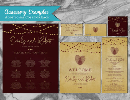 Burgundy Thumbprint Heart on Metallic Gold Paper Traditional Wedding Invitation, Sets, or Suite