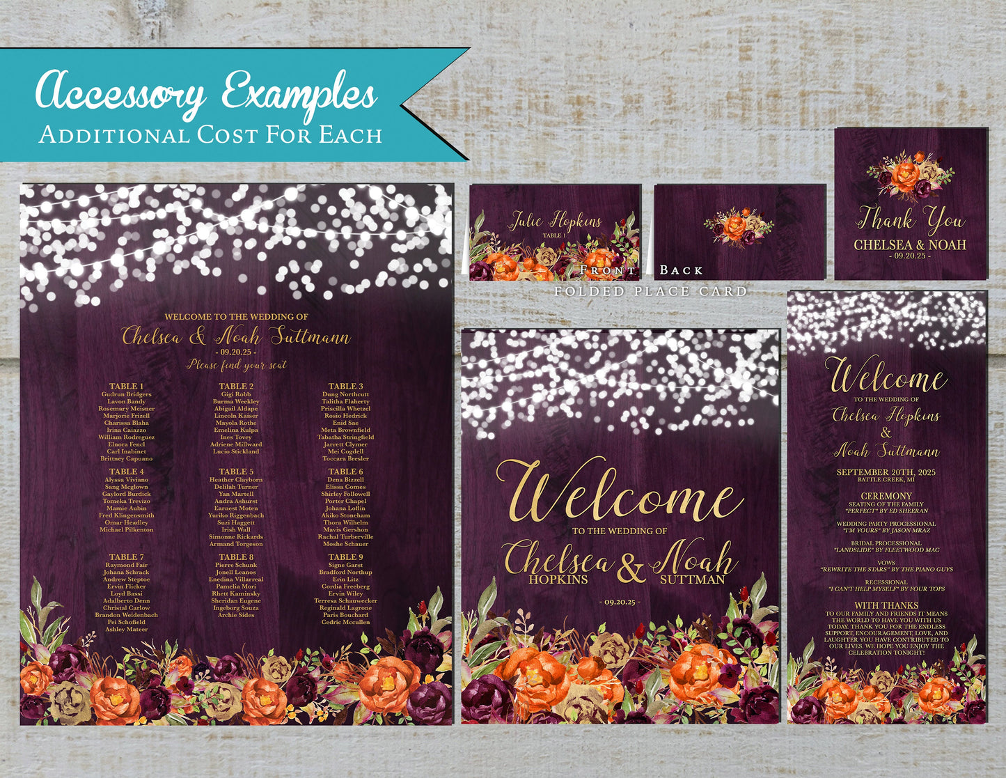 Plum and Orange Florals on Purple Wood Background Fall Wedding Invitation, Set, or Suite