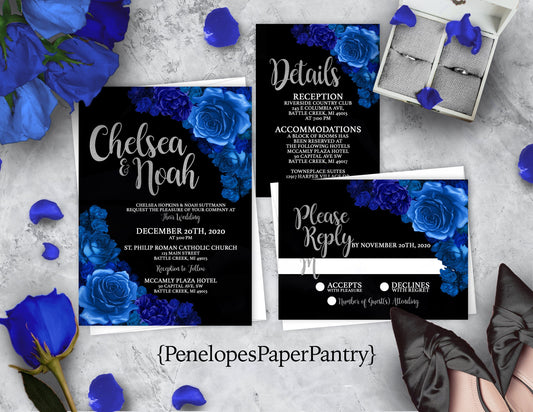 Royal Blue Florals on Black Background Rose Wedding Invitation, Set, or Suite