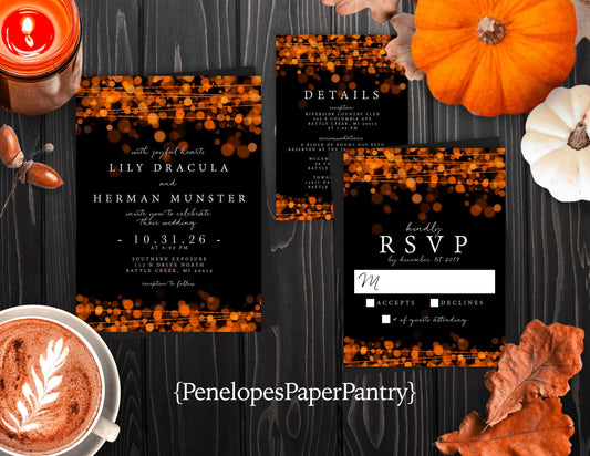 Elegant Halloween Wedding Invitation – Black & Orange Bubble Lights – Personalized Shimmery Printed Invite with Envelopes