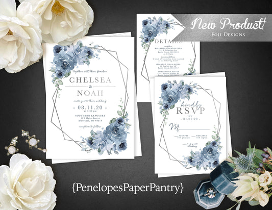 Elegant Dusty Blue Floral Summer Wedding Invitation Personalized Geometric Frame Silver Foil Printed Invitations Envelopes Included Unique