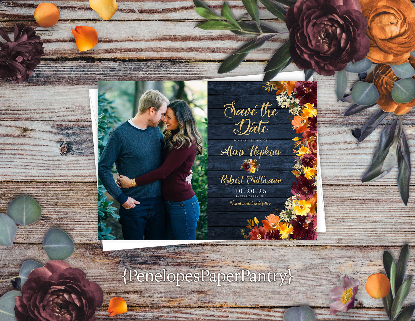 Burgundy and Burnt Orange Florals with Navy Blue Wood and Engagement Photo Save the Date