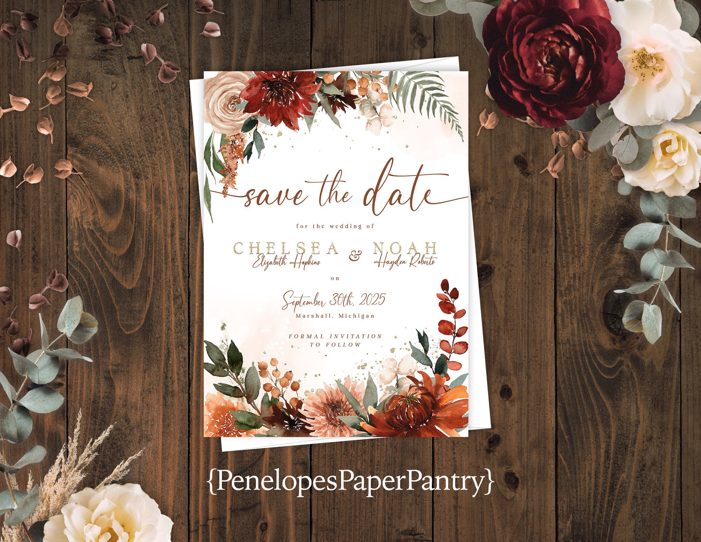 Terracotta, Burgundy, and Neutral Florals with White Background Save the Date