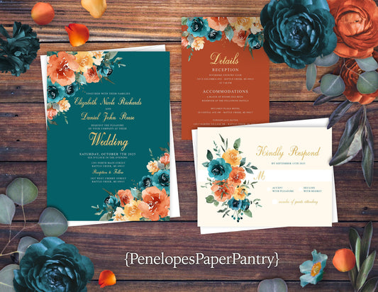 Teal Fall Wedding Invitation – Orange, Turquoise & Gold – Personalized Shimmery Floral Printed Invite with Envelopes Included