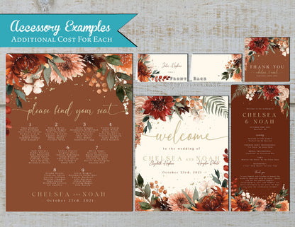 Terracotta and Burnt Orange Florals on Rusty and Ivory Hues Fall Wedding Invitation, Set, or Suite