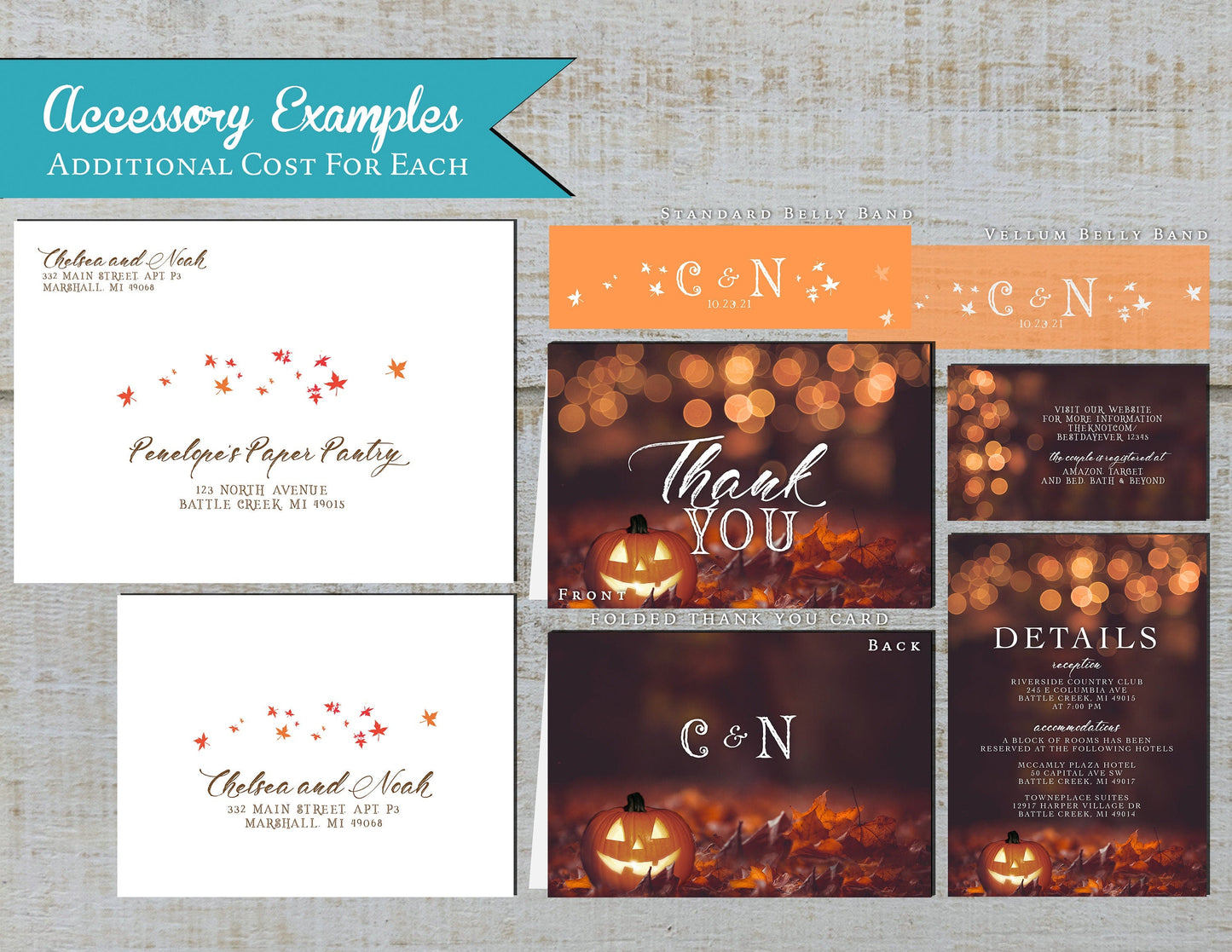 Romantic Halloween Fall Wedding Invitation – Burnt Orange Bubble Lights, Jack-o’-Lantern & Autumn Leaves – Personalized Shimmery Printed Invitations