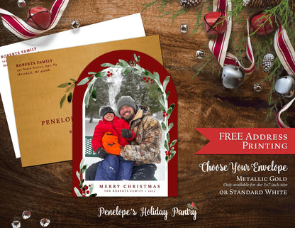 Unique Christmas Family Photo Card Personalized Arch Shape Red Green Mistletoe Custom Text Printed Card Envelope Included FREE Address Print
