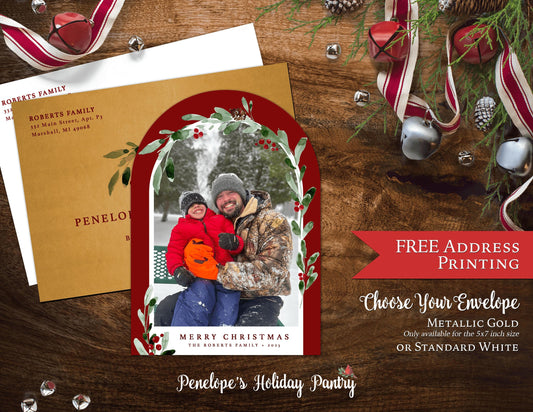 Unique Christmas Family Photo Card Personalized Arch Shape Red Green Mistletoe Custom Text Printed Card Envelope Included FREE Address Print