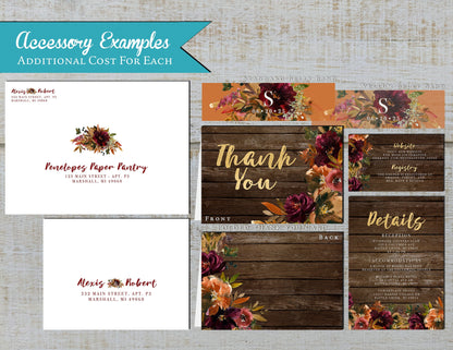 Rustic Fall Wedding Invitation – Burgundy & Burnt Orange Florals, Barn Wood & Gold Calligraphy – Personalized Shimmery Invitation with Envelope