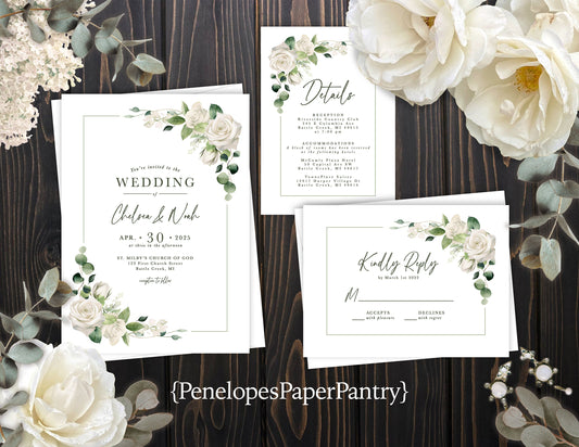 White Floral with Geometric Frame on White Background Summer Wedding Invitation, Set, or Suite