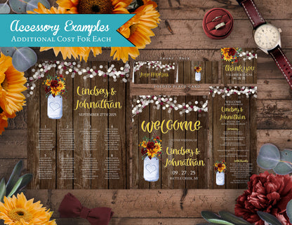 Sunflower and Burgundy Florals in Mason Jar on Brown Wood Background Fall Wedding Invitation, Set, or Suite