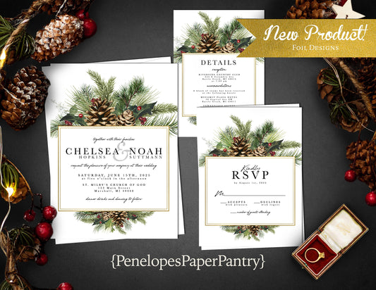 Pinecone Branches with Gold Foil Frame Winter Wedding Invitation, Set, or Suite