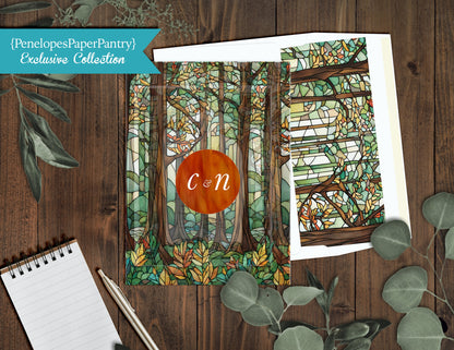 9 Piece Fall Forest Scene Faux Stained Glass Border Wedding Bundle with Address Printing