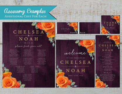 Orange Rose Florals on Purple Wood Background Fall Wedding Invitation, Set, or Suite