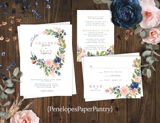 Navy Blue, Blush Rose Floral Wreath on White Background Summer Wedding Invitation, Set, or Suite